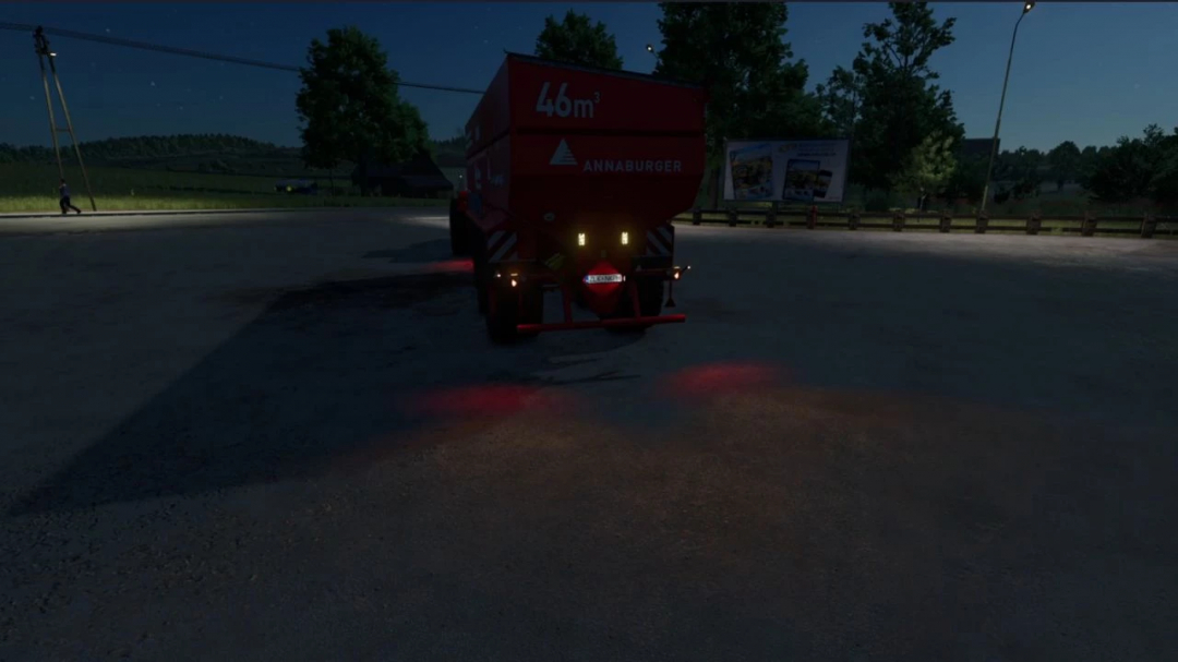 Annaburger HTS3416 trailer mod at night in FS25, showcasing rear lights and details.