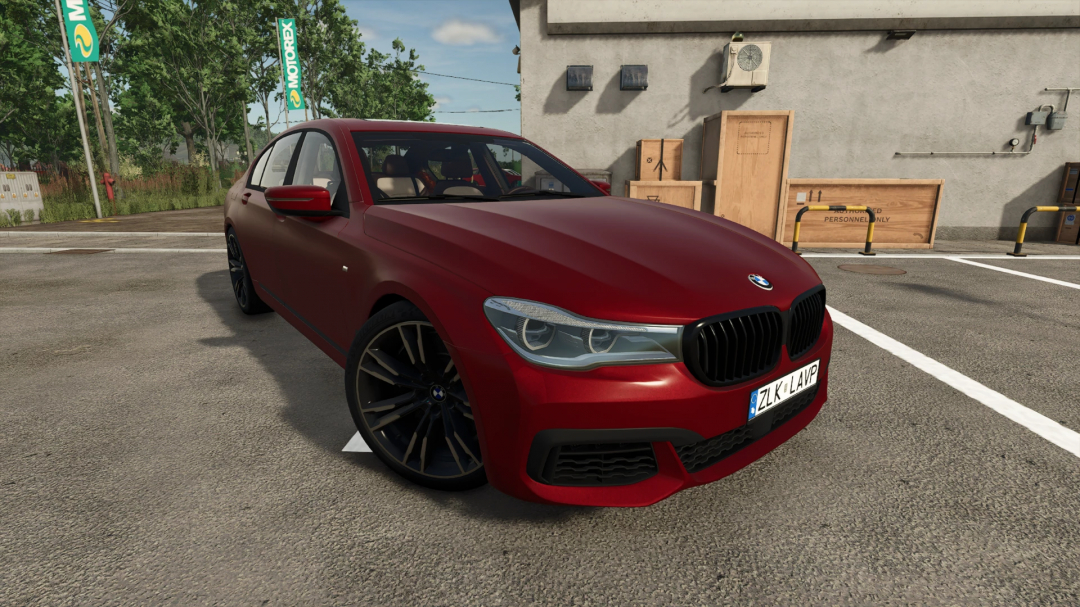 Red BMW 7 Series mod in Farming Simulator 25, version 1.0.0.0, parked on a lot.