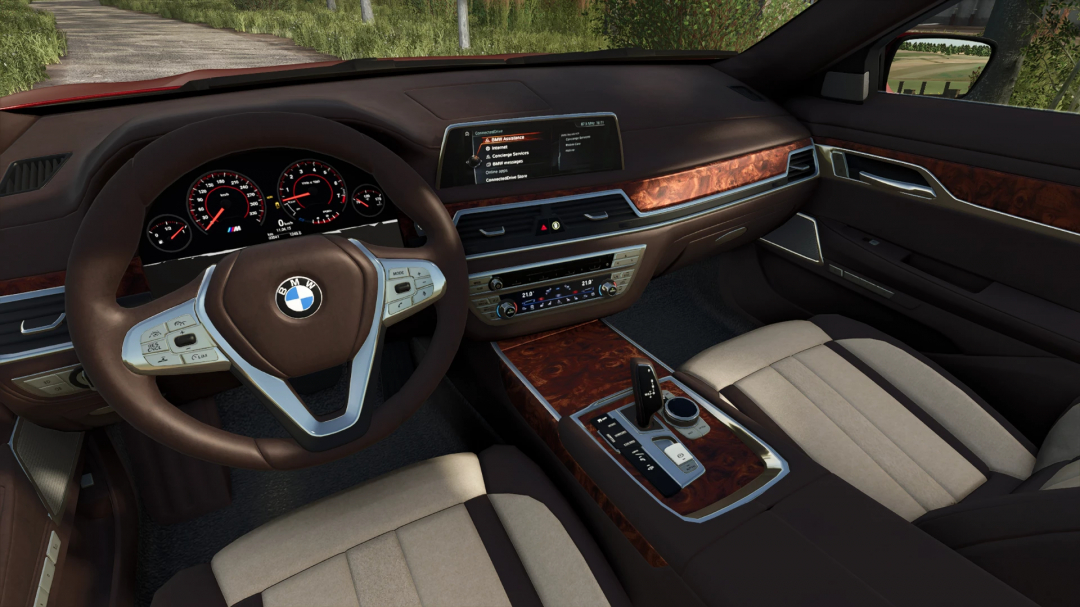 Interior of BMW 7 Series mod in FS25, showcasing detailed dashboard and luxury design.