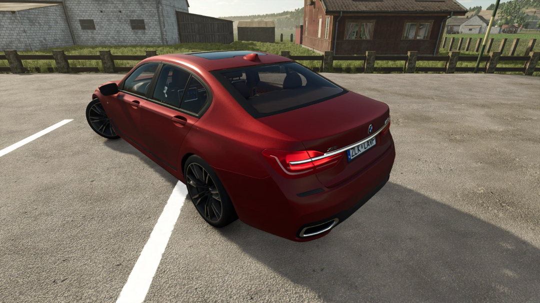 FS25 mod BMW 7 Series v1.0.0.0 in red parked in a rural setting.