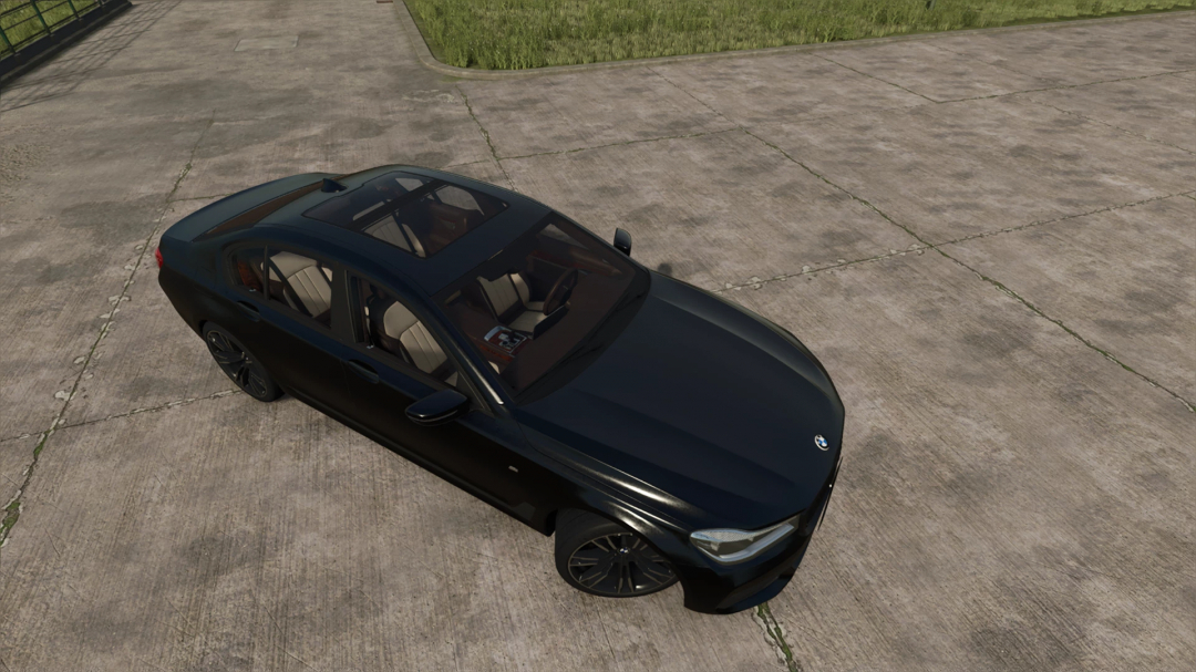 FS25 mod BMW 7 Series v1.0.0.0 showcasing a black luxury car with sunroof in Farming Simulator 25.