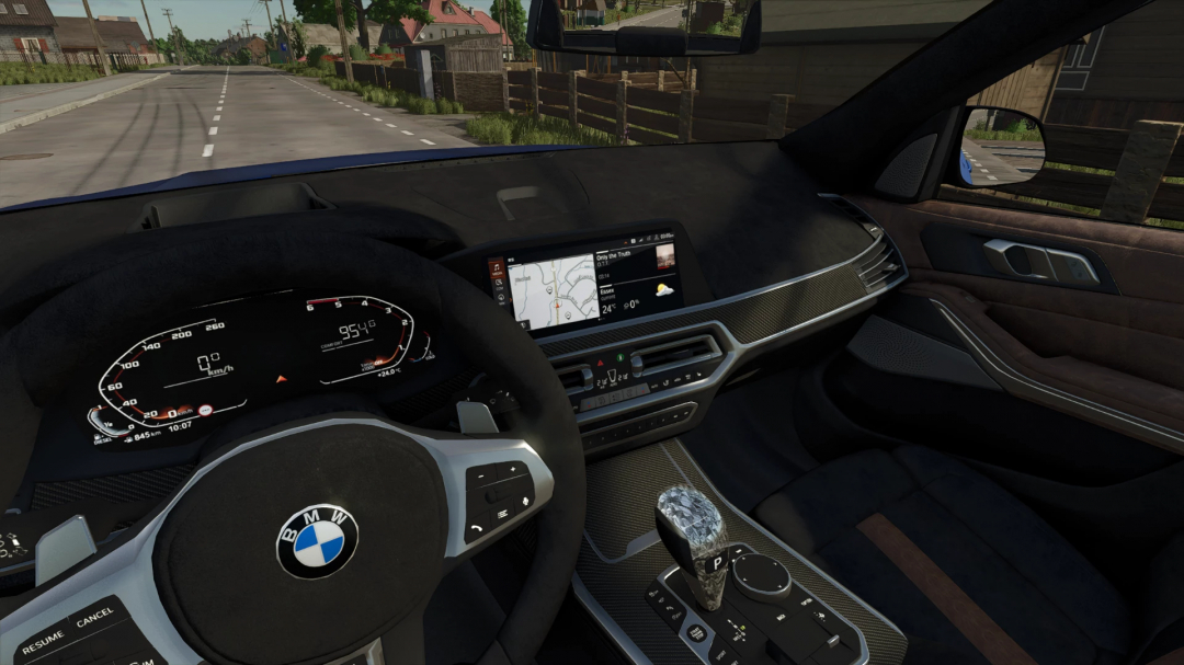 Interior view of BMW X6 M-Sport 2020 mod in Farming Simulator 25, featuring dashboard and navigation screen.