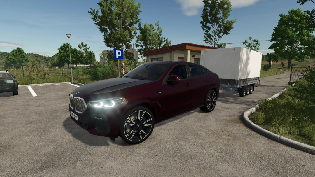 FS25 mod BMW X6 M-Sport 2020 parked with a trailer in Farming Simulator 25.