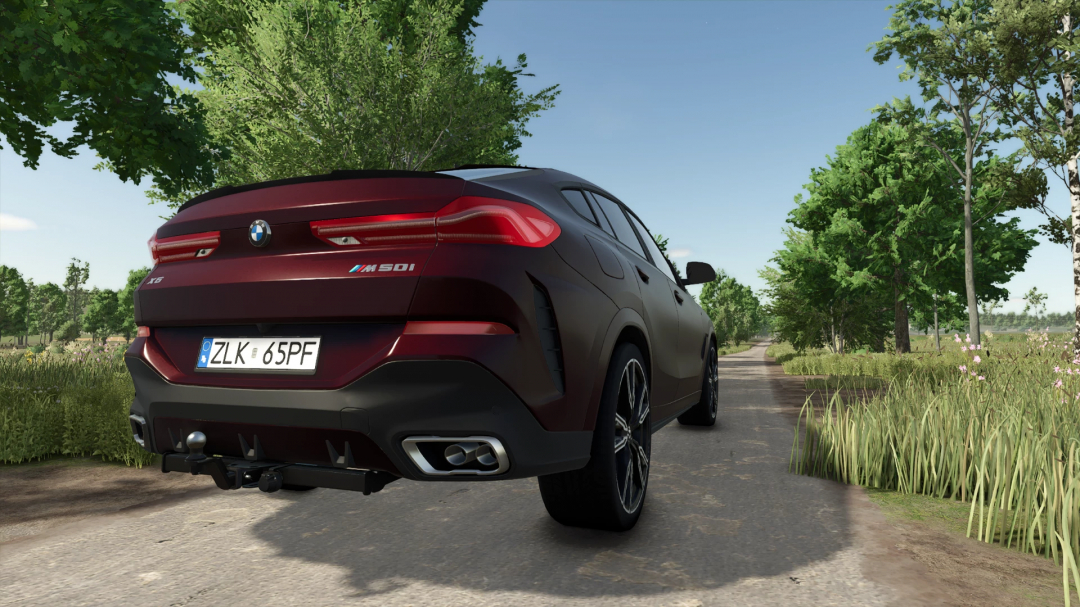 FS25 mod BMW X6 M-Sport 2020 on a rural road in Farming Simulator 25, showcasing realistic graphics.