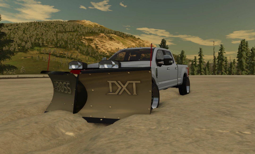 FS25 mod Boss DXT V Plow v1.0.0.0 attached to truck in a dirt field.