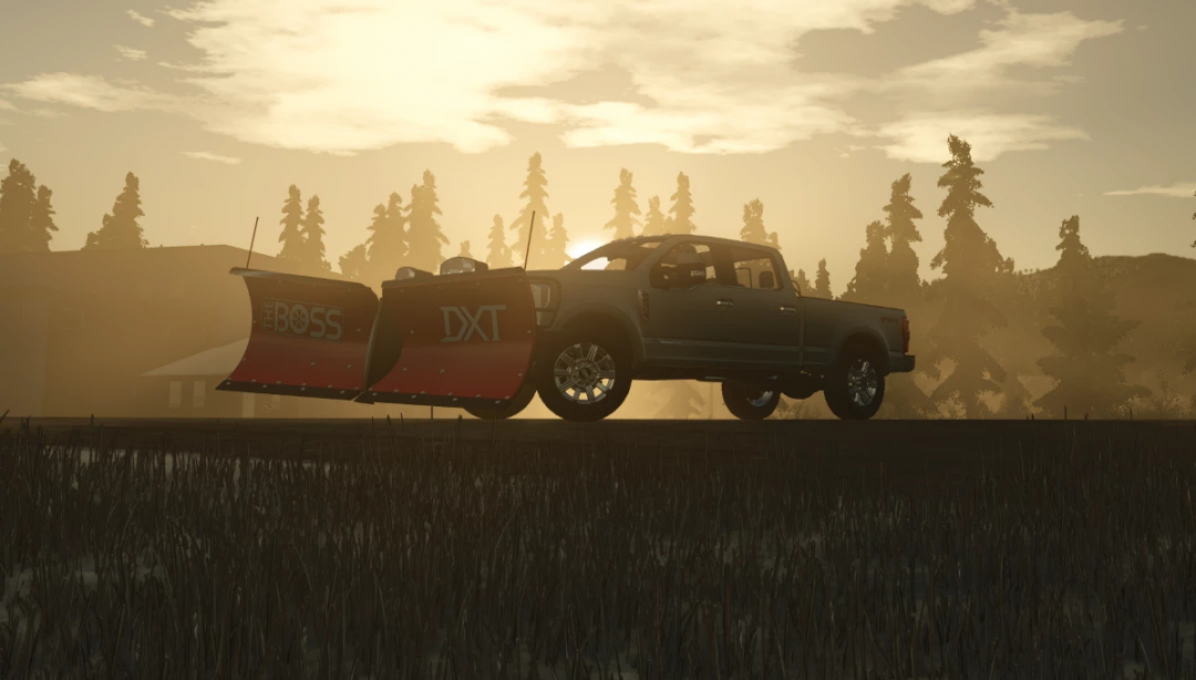 FS25 mod Boss DXT V Plow v1.0.0.0 attached to a truck in a sunset forest scene.