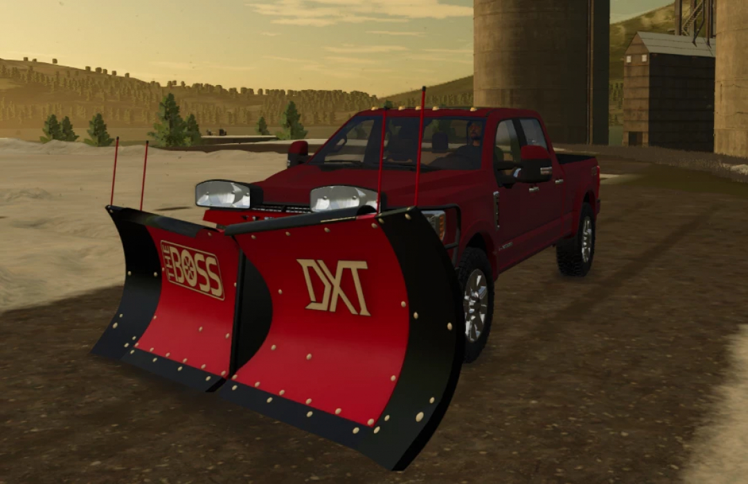 Red truck with Boss DXT V Plow mod in FS25, enhancing snow removal gameplay. Farming Simulator 25 mods.