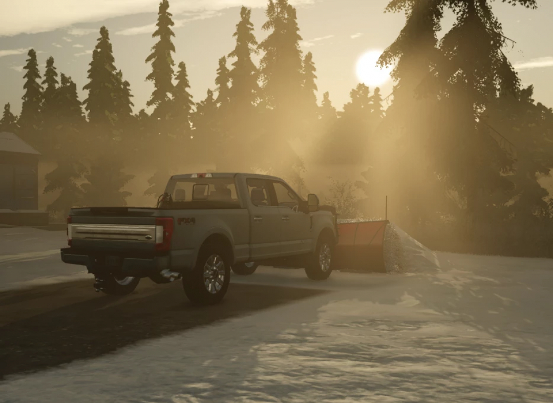 Truck with Boss DXT V Plow mod in Farming Simulator 25, clearing snow at sunrise. FS25 mods showcase.