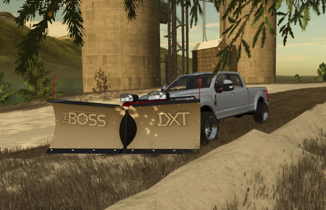 FS25 mod Boss DXT V Plow v1.0.0.0 attached to a truck in a farm setting.