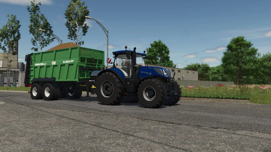 FS25 mod Brantner TA 23071 v1.0.0.0 with green trailer and blue tractor