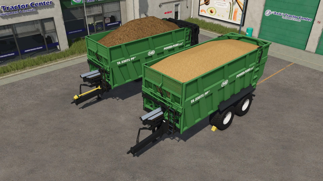 Two Brantner TA 23071 trailers loaded with different grains in FS25 mod scene.