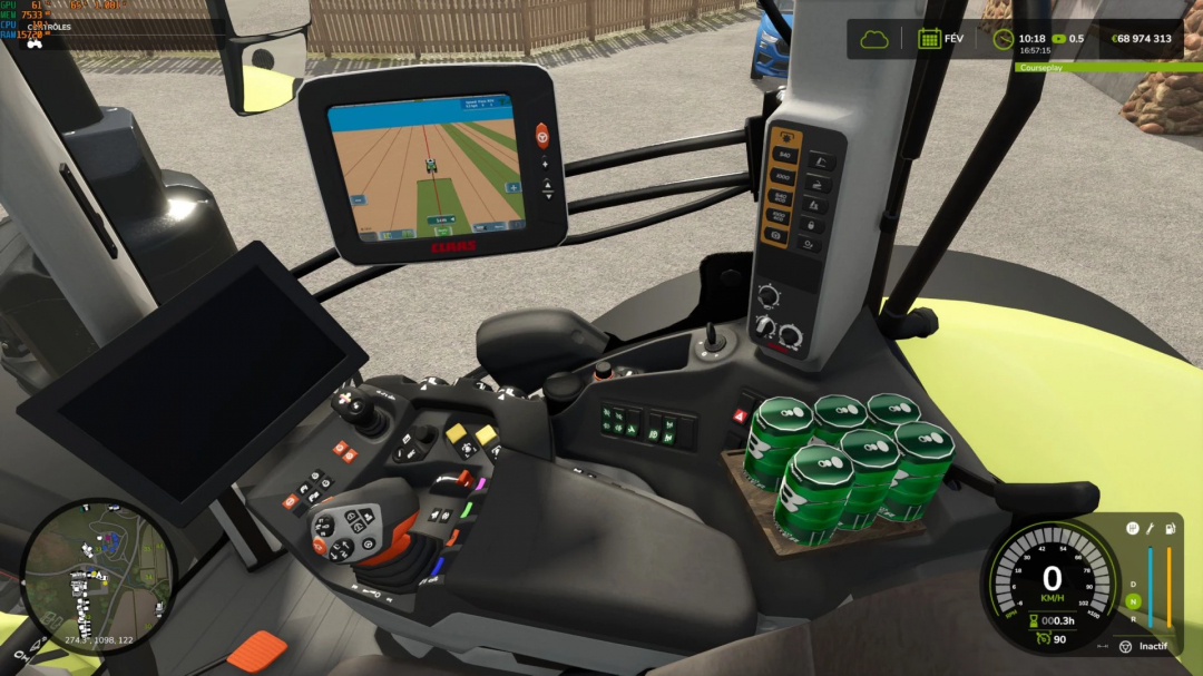 Inside view of CLAAS Axion 900 in FS25 mod, showing control panel and monitors.