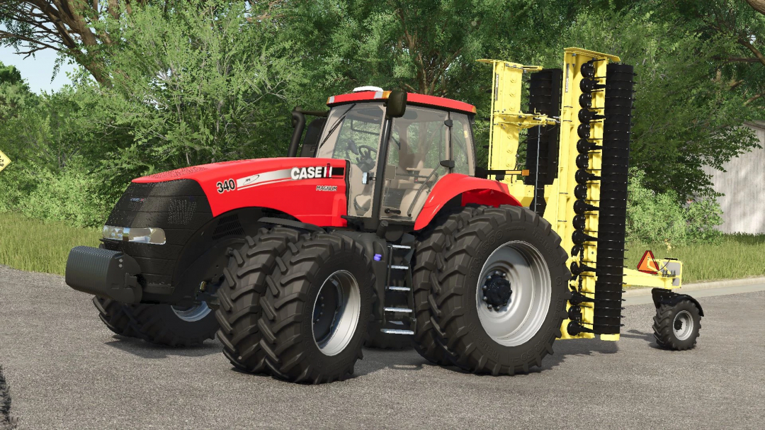 FS25 mod Case IH Magnum 2011 tractor beside farming equipment in a rural setting.