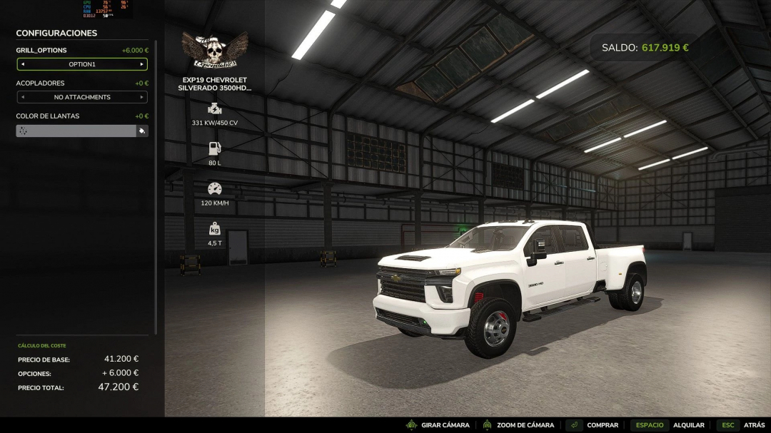 FS25 mod Chevrolet Silverado 2500 2020 displayed in a virtual garage for customization options.