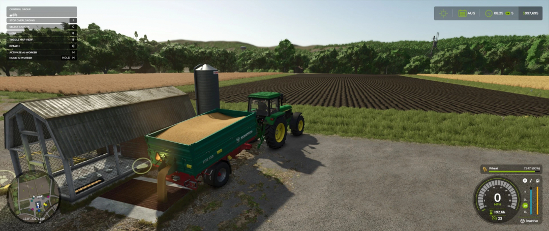 FS25 mod showing a chicken coop beside a green tractor unloading grain in Farming Simulator 25.