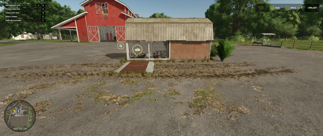 FS25 mod Chicken Coop v1.0.0.0 near a red barn in Farming Simulator 25.