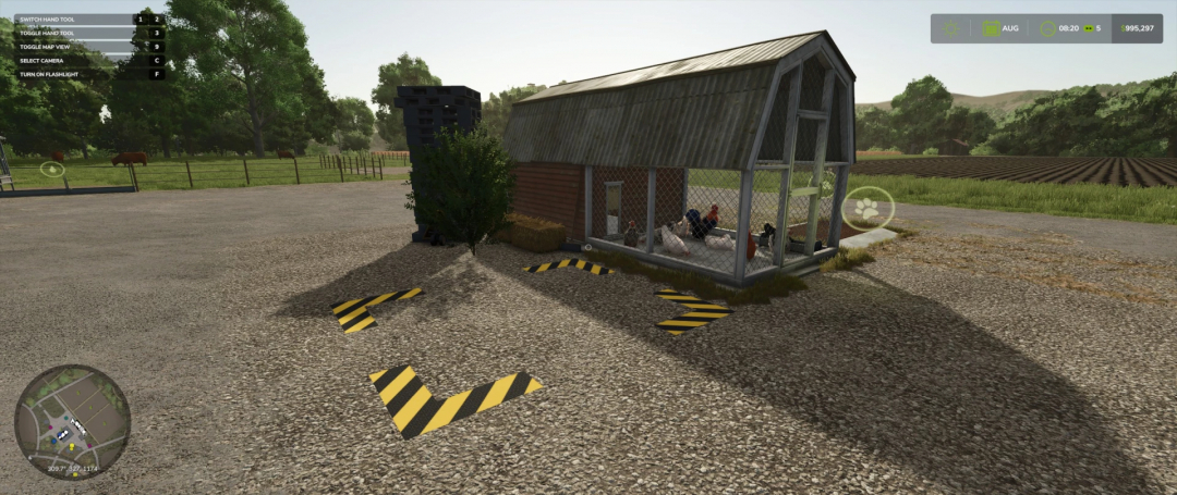 FS25 mods Chicken Coop v1.0.0.0 with fenced area and chickens inside, surrounded by fields and trees in Farming Simulator 25.