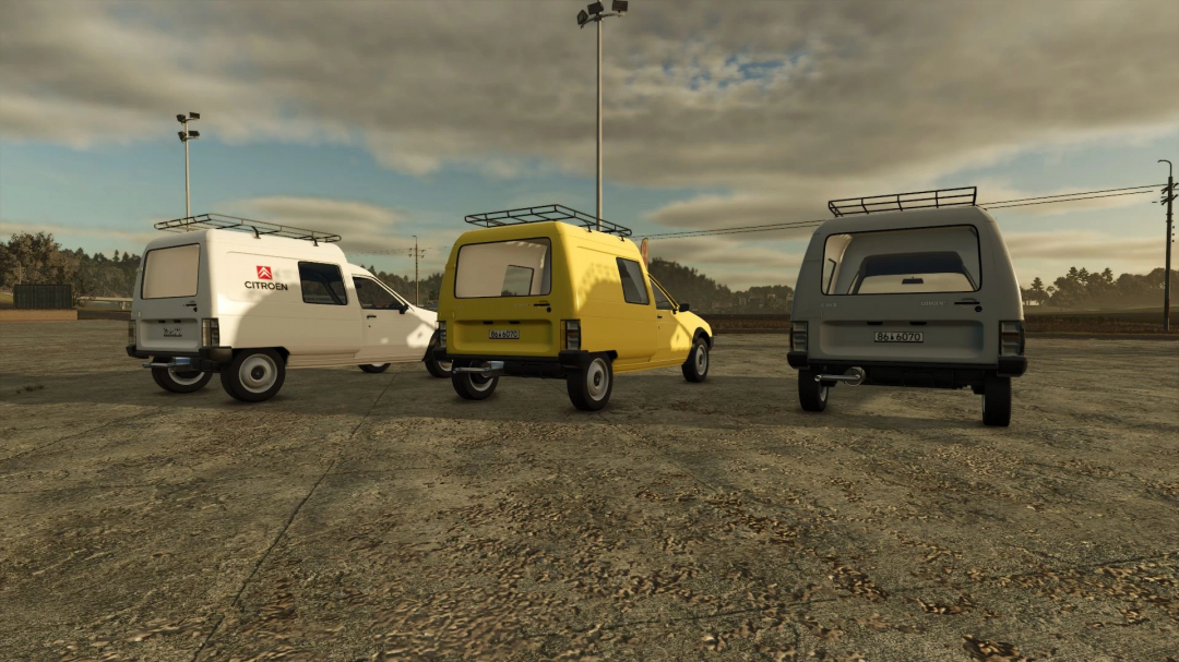 FS25 mod Citroen C15 v1.0.0.0 with three vans in various colors, showcasing vehicle customization options in Farming Simulator 25.