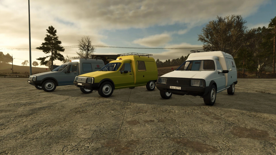 Three Citroen C15 vans from FS25 mod parked on an open field. Farming Simulator 25 mods showcase.