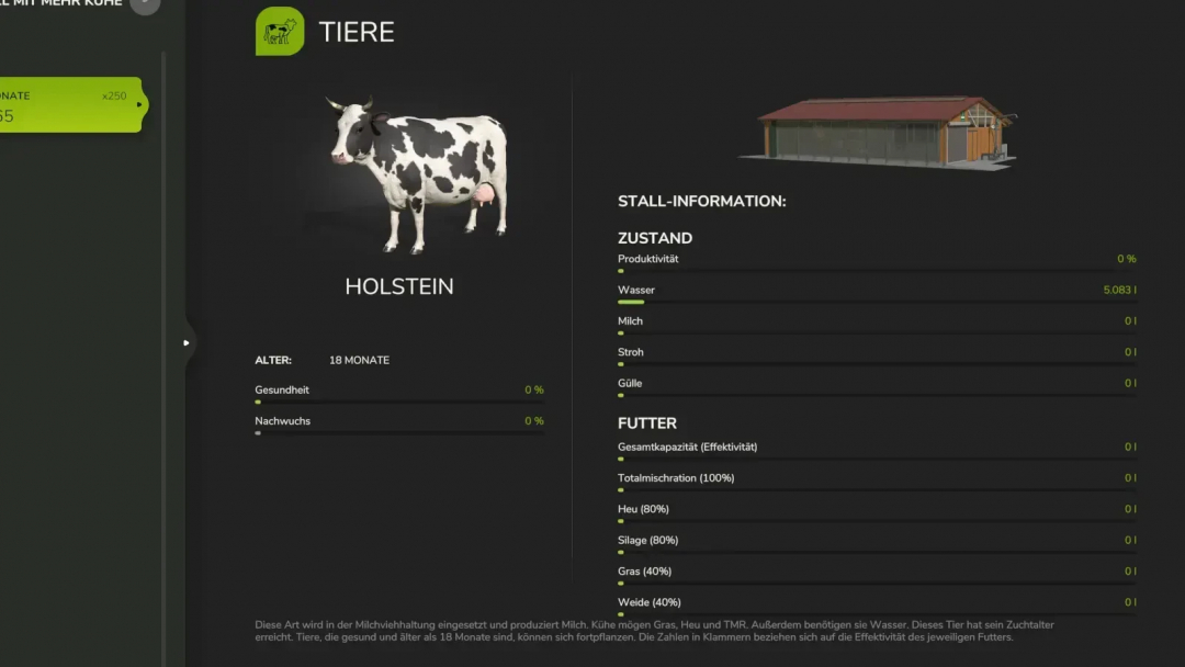 FS25 mods interface showing Holstein cow stats and barn info for Cowshed with More Cows mod.