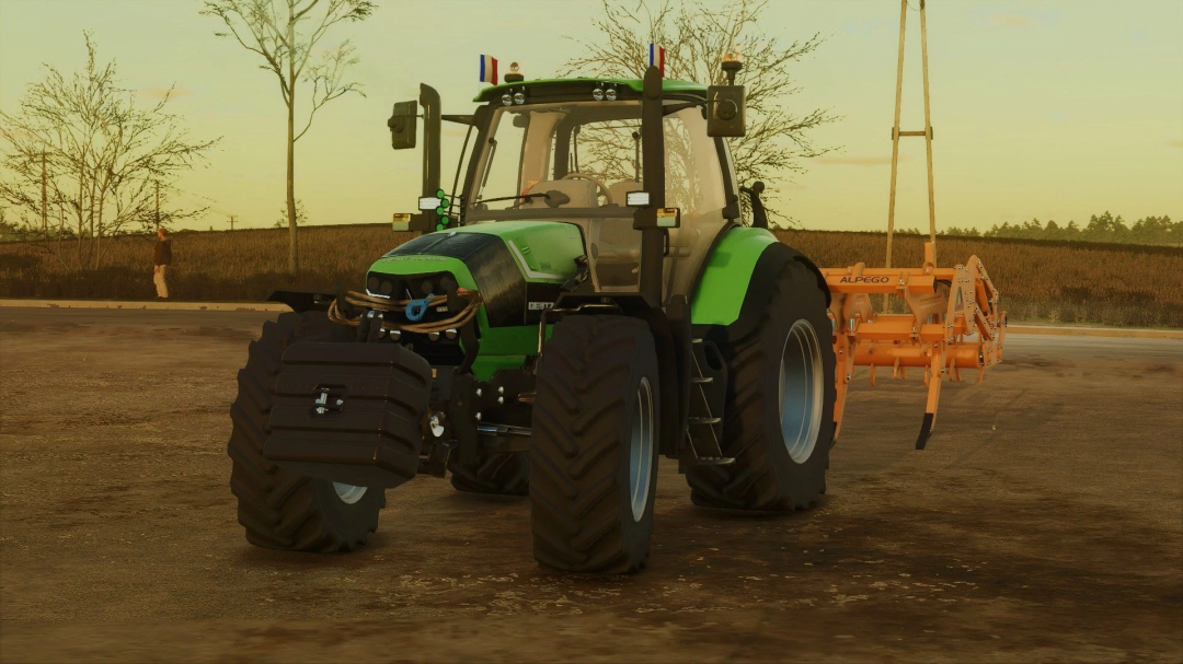 Deutz Fahr 6.4p Series tractor in FS25 mod v1.1.0.0, green and black with attached Alpego tool, sunset background.