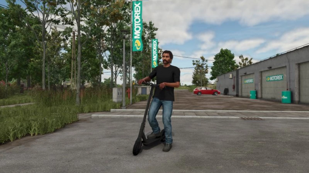 Character riding Electric Scooter mod in FS25 near Motorex building.