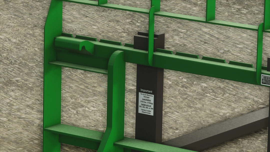 Close-up of FS25 Frontier AP12F mod attachment for Farming Simulator 25, showcasing its green metal frame design.