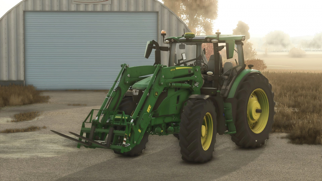 FS25 mod Frontier AP12F tractor in front of a barn, showcasing Farming Simulator 25 mods.