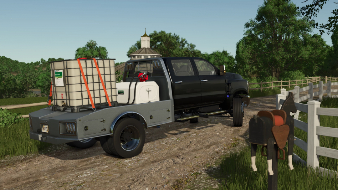 FS25 International CV Series mod with a flatbed carrying a water tank, set in a rural Farming Simulator 25 environment.