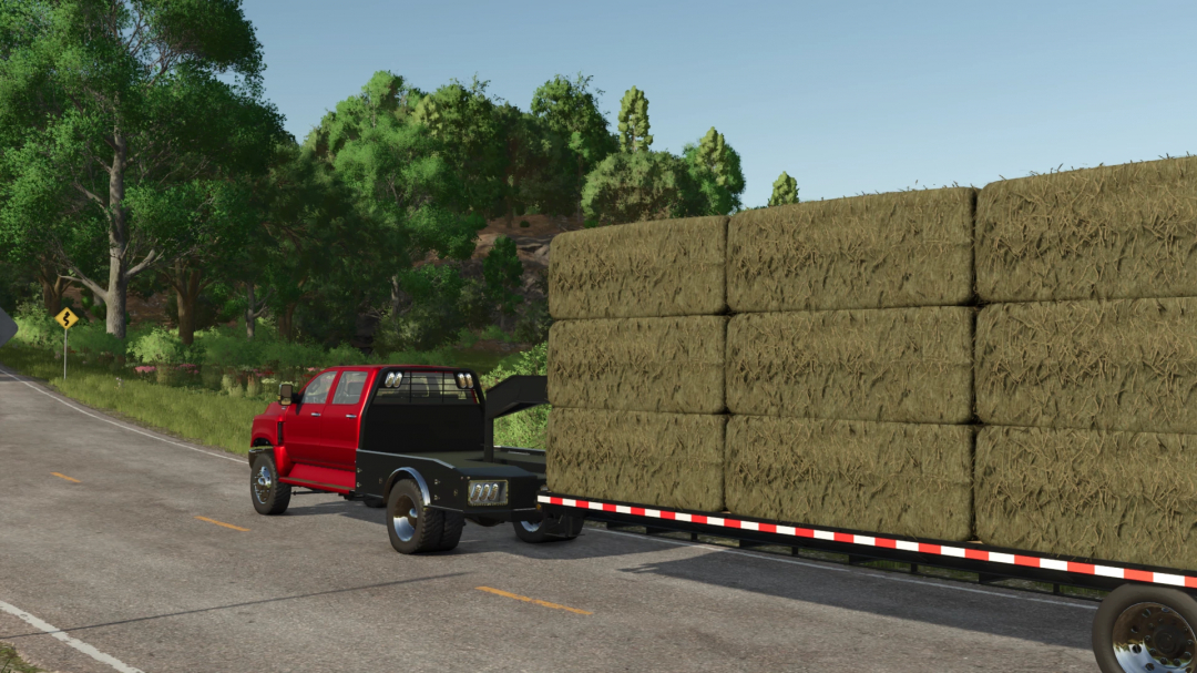 FS25 mod showing a red International CV Series truck towing hay bales on a trailer in Farming Simulator 25.