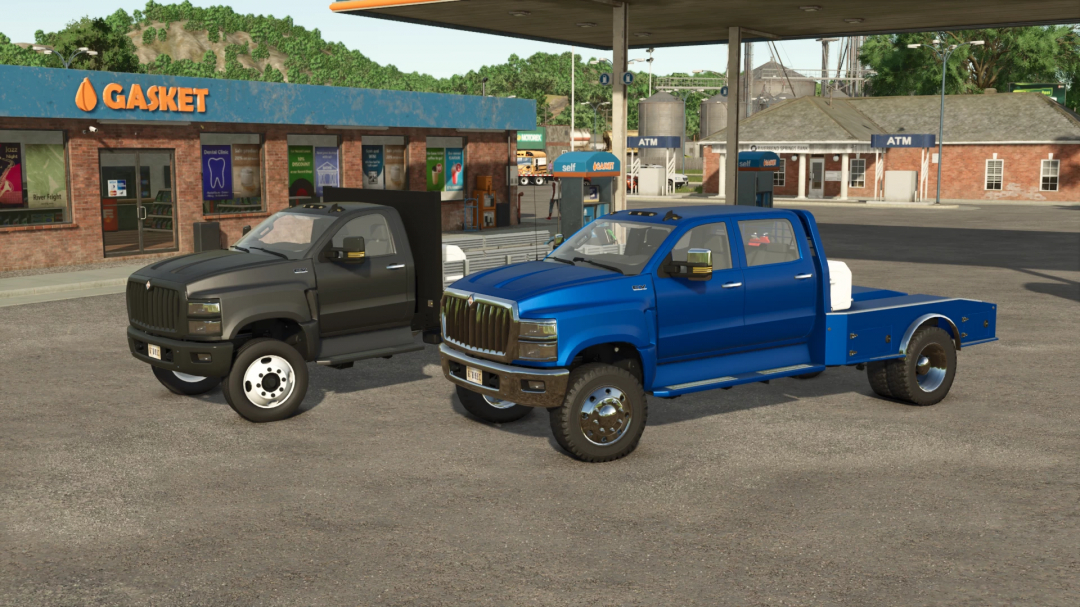 FS25 mods showcasing two International CV Series trucks parked at a gas station in Farming Simulator 25.