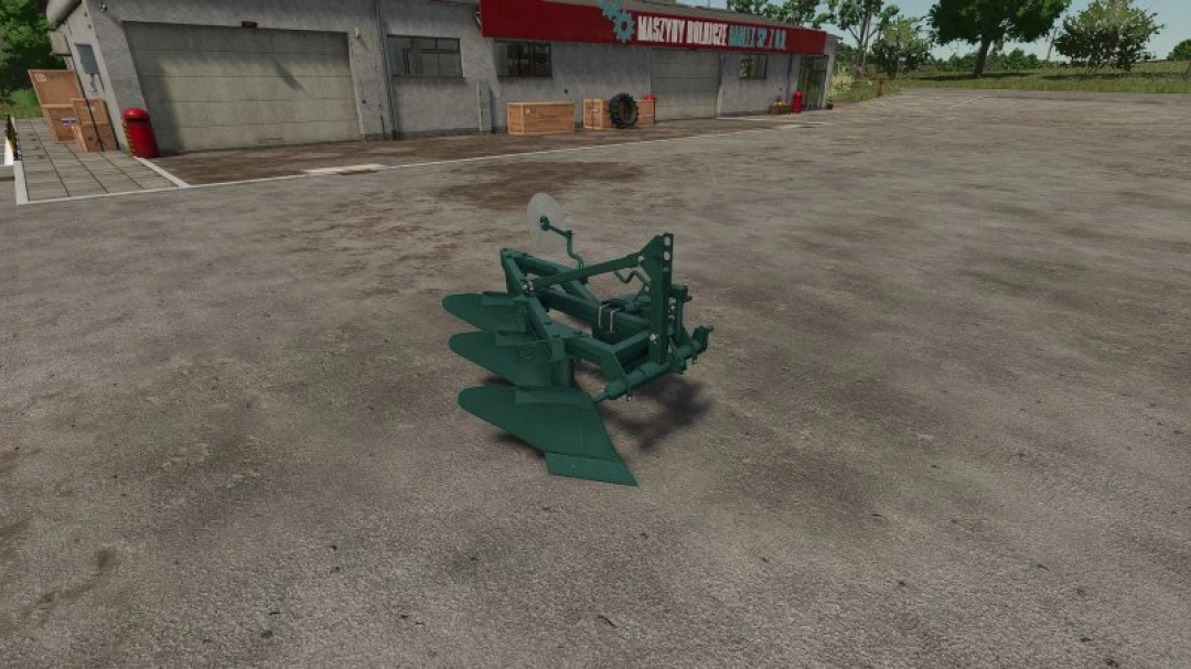 FS25 Unia Grudziadz U023 mod for Farming Simulator 25, showing a green double-bladed plow in front of a workshop.