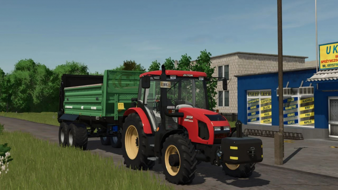 FS25 Zetor Proxima 8441 mod with trailer on road near shop in Farming Simulator 25.