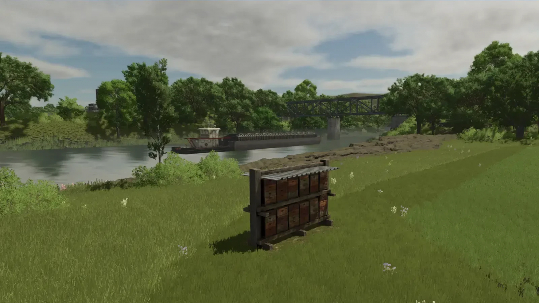 FS25 mod Fast Honey Production v1.0.0.0 features a beehive near a river and bridge in Farming Simulator 25.