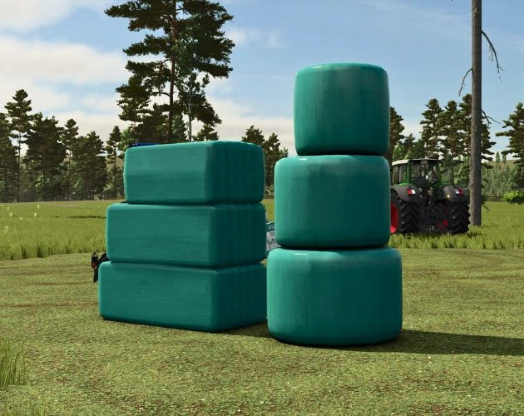 FS25 mod Fast Wrapping All Bale Sizes: five wrapped bales stacked in a field, showcasing realistic farming simulation.