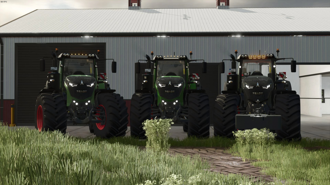 Three Fendt 1000 Vario tractors in FS25 mod, parked in front of a barn.