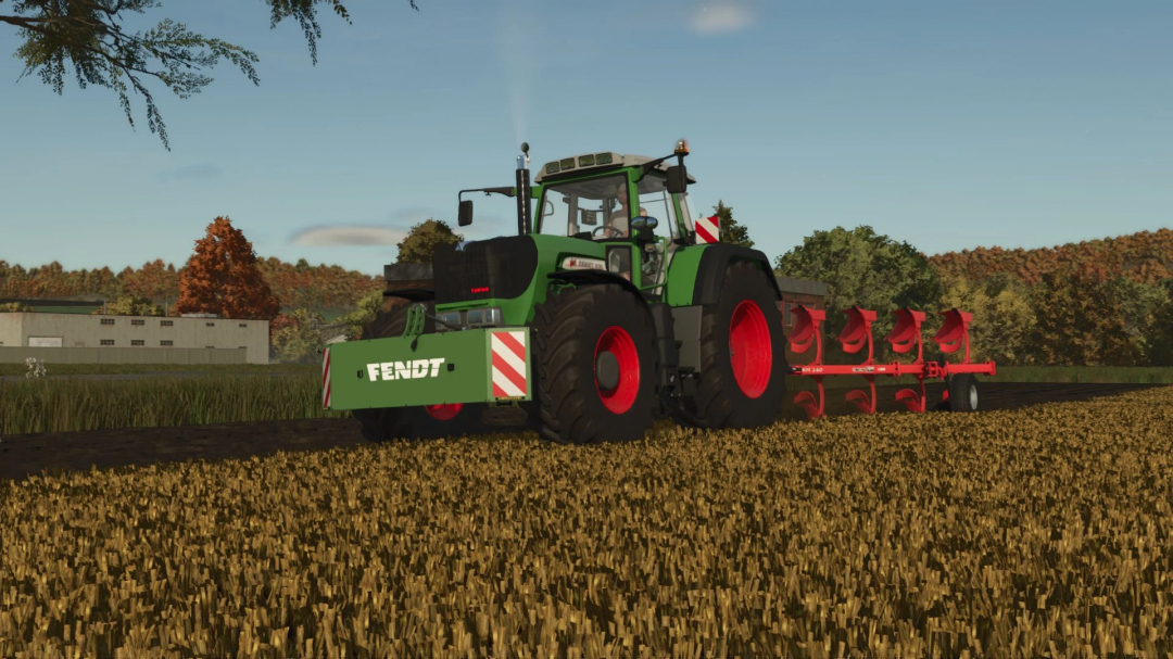 Fendt 900 Vario TMS tractor in FS25 mod, ploughing a field under a clear sky.