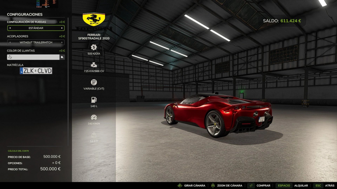 FS25 mod: Ferrari SF90 Stradale v1.0.0.0 in a virtual garage showing configuration settings.