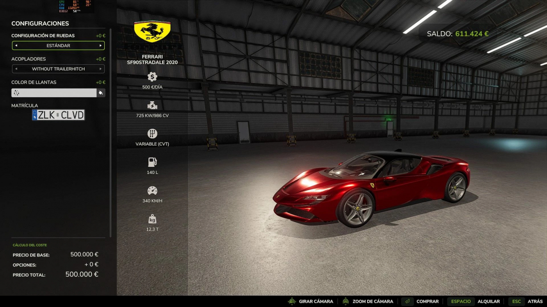 FS25 mod Ferrari SF90 Stradale in-game screen showing car specifications and customization options.