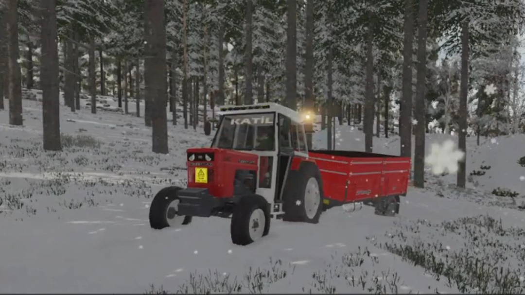 FS22 mod Fiat 54C tractor with trailer in snowy forest setting, showcasing Farming Simulator 22 mods.