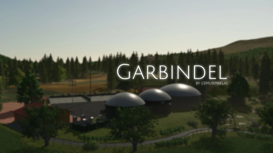 FS25 mods Garbindel Map v1.0.0.1 showcasing a rural landscape with biogas plant in Farming Simulator 25.