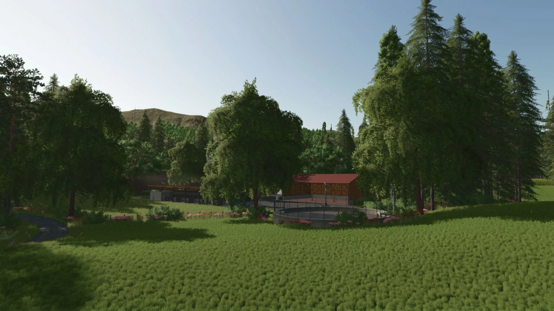 Scenic view of Garbindel Map in FS25, showcasing lush trees and a farm building.