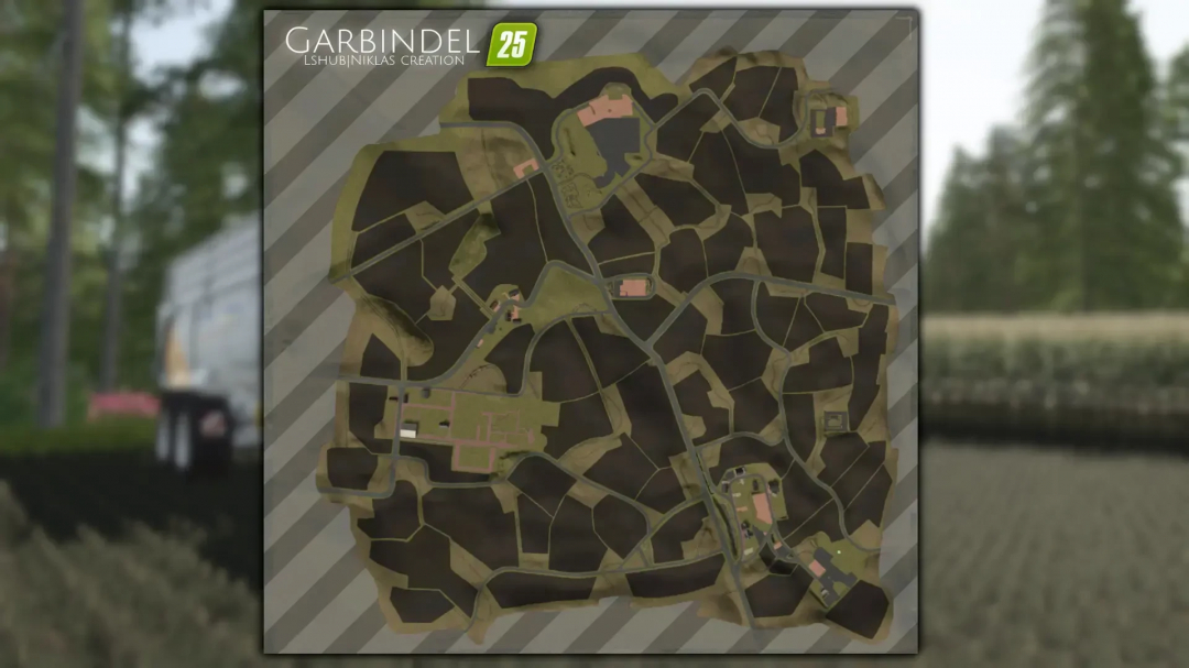 FS25 mod Garbindel v1.0.1.2 map overview showcasing various fields and pathways.