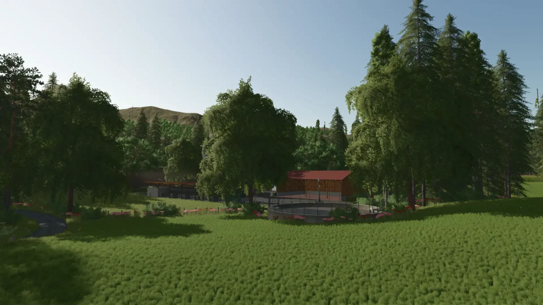 Scenic view of Garbindel farm landscape in Farming Simulator 25 mod, featuring lush greenery and trees.