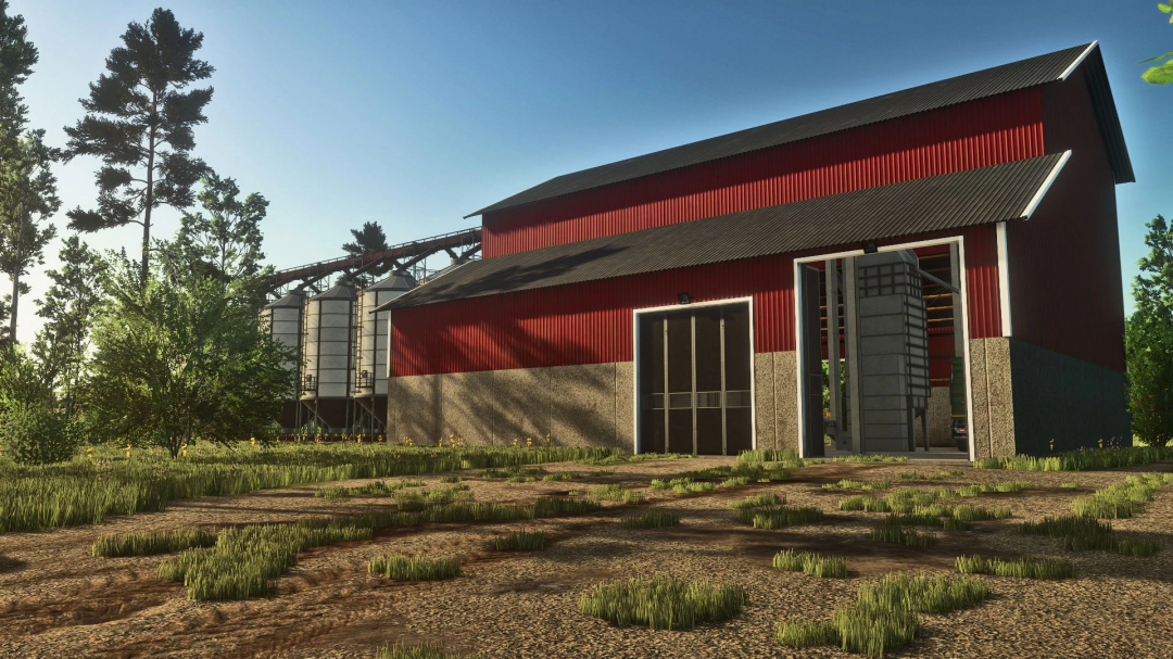 FS25 mod Grain Silo v1.0.0.1 featuring a red barn and silos under clear sky in Farming Simulator 25.