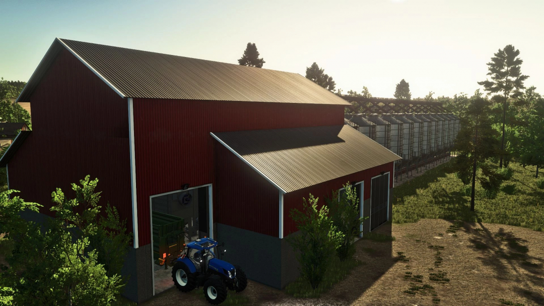 Grain silo mod v1.0.0.1 in FS25 with a red barn and blue tractor in the foreground.