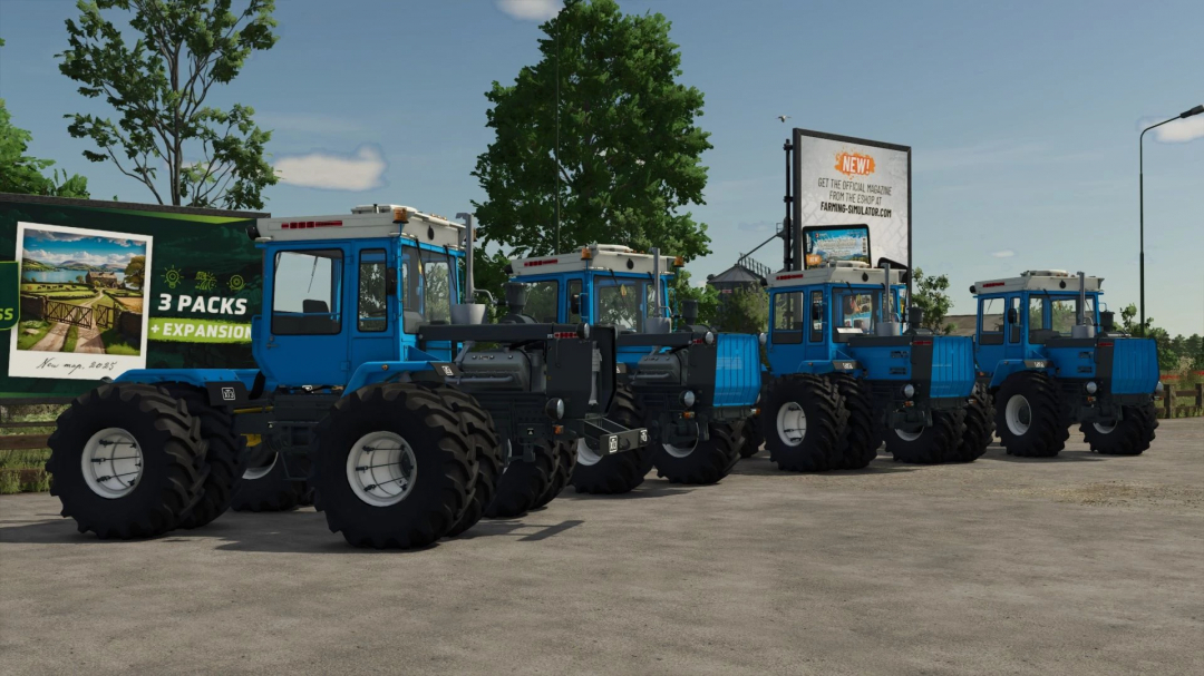 Four blue HTZ-17221 tractors parked in Farming Simulator 25 mod, showcasing FS25 mods and enhancements.