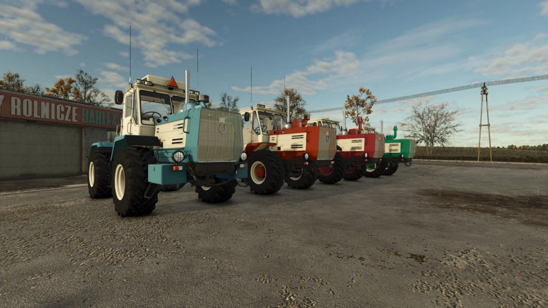 HTZ T 150K V8 tractors lined up in Farming Simulator 25 mod showcase.