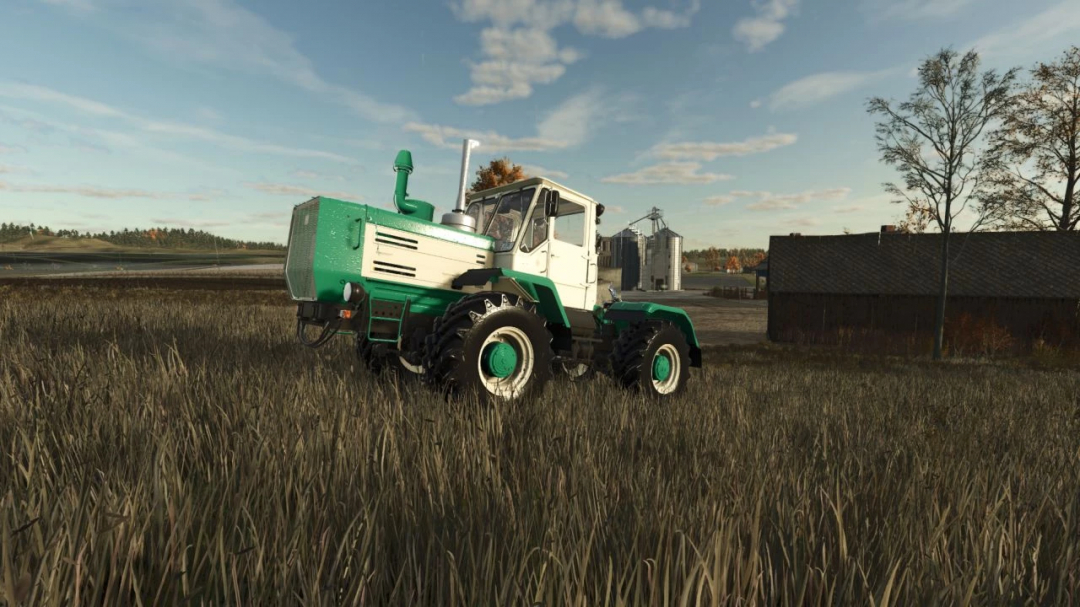 HTZ T 150K V8 tractor in FS25 mod, version 1.1.1.0, parked on a farm field.