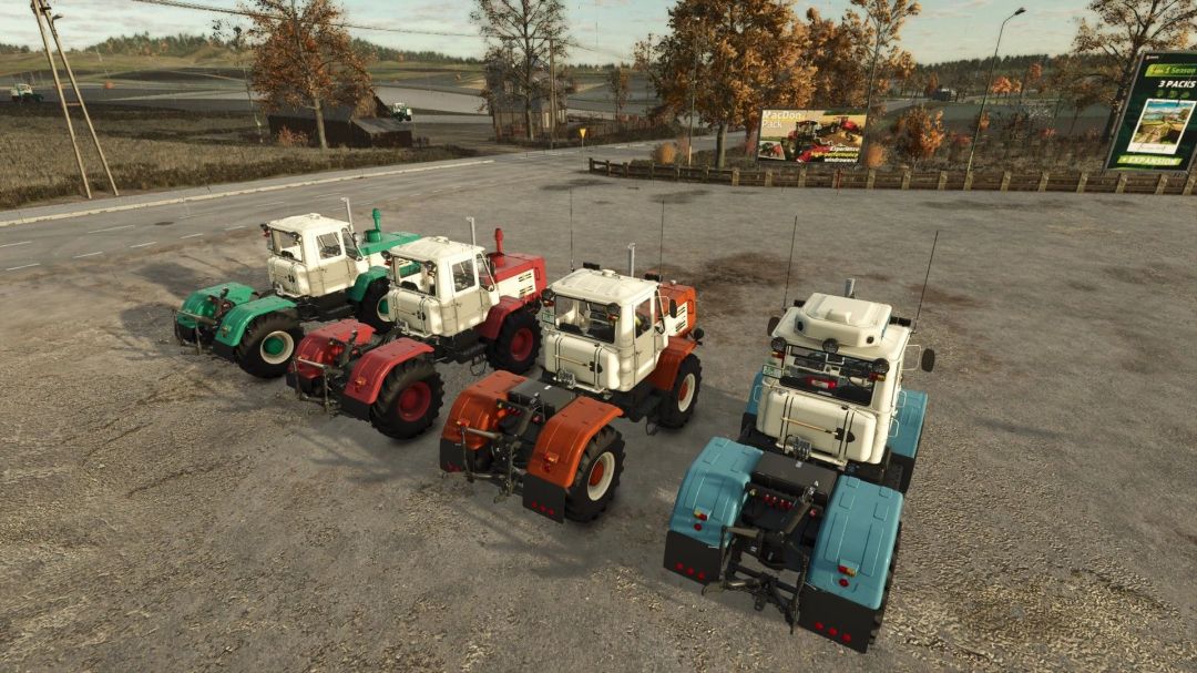 FS25 mod HTZ T 150K V8 v1.1.1.0 tractors in various colors parked on a farm road.